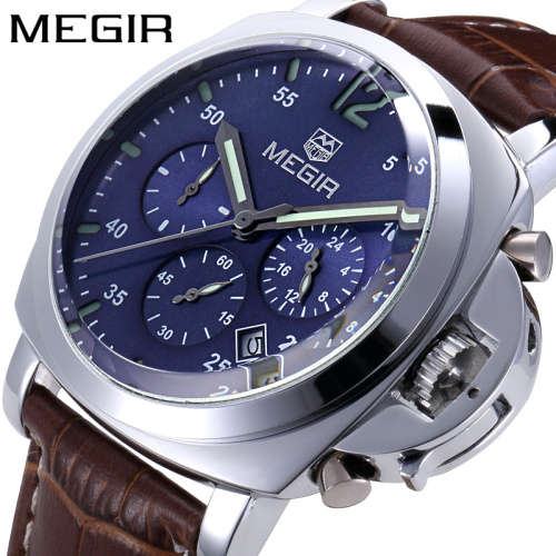 *FREE SHIPPING* Megir Brand Top Watch** Silver Case  Luxury Men* 6 Hands * Quartz Wristwatch CHRONO*