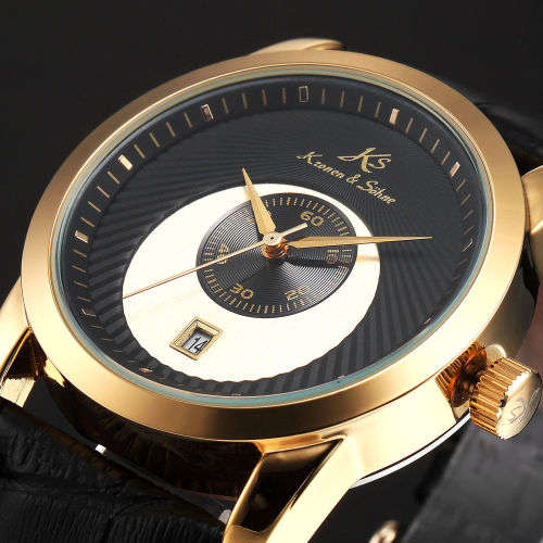 **KS Fashion Men's Date Gold Black Strap Automatic Mechanical Leather Sport Wrist Watch