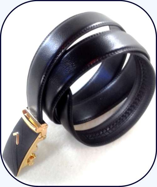 ** Men **Black & Gold Buckle**Black leather  automatic Buckle  Fashion Waist Belt   *