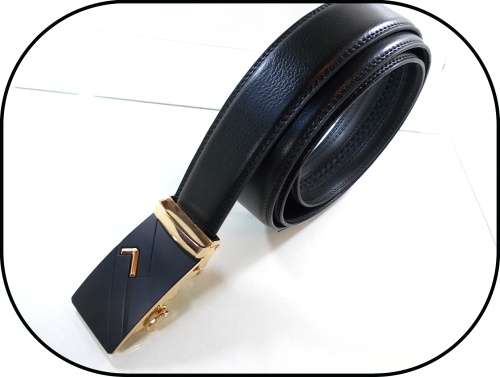 ** Men **Black & Gold Buckle**Black leather  automatic Buckle  Fashion Waist Belt   *