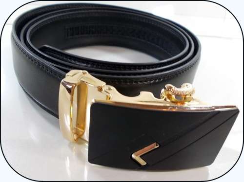 ** Men **Black & Gold Buckle**Black leather  automatic Buckle  Fashion Waist Belt   *