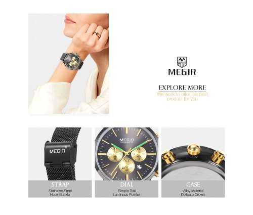 Megir 2011L  - Ladies Lovely Chronograph Watch * 6 HANDS* BLACK