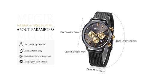 Megir 2011L  - Ladies Lovely Chronograph Watch * 6 HANDS* BLACK