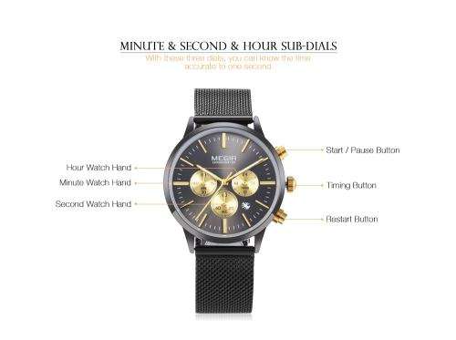 Megir 2011L  - Ladies Lovely Chronograph Watch * 6 HANDS* BLACK