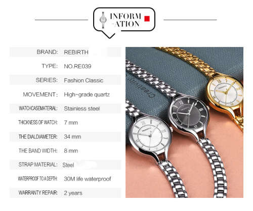 *REBIRTH BRAND RE039*  Modern Women Swiss Quality  Quartz Watch with Steel  Strap