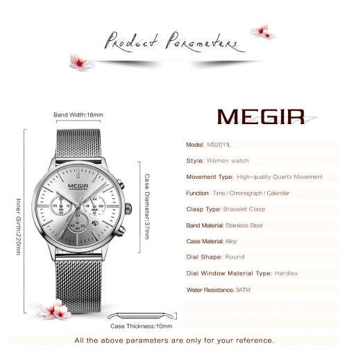 Megir 2011L  - Ladies Lovely Chronograph Watch * 6 HANDS* SILVER