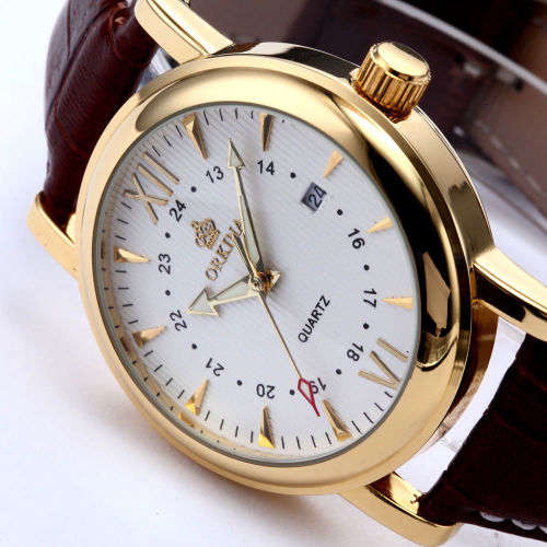 *ORKINA Luxury Gold Dial Brown Leather Date Men Quartz Dress Wrist Watch