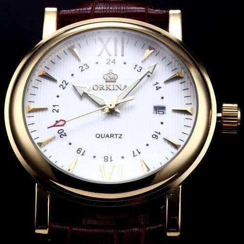 *ORKINA Luxury Gold Dial Brown Leather Date Men Quartz Dress Wrist Watch