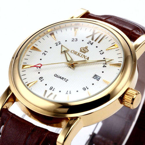 *ORKINA Luxury Gold Dial Brown Leather Date Men Quartz Dress Wrist Watch