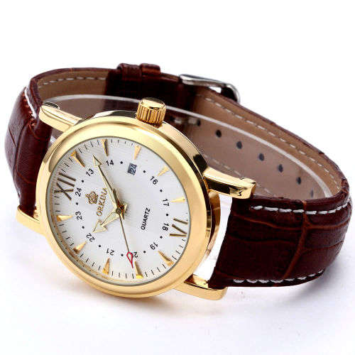 *ORKINA Luxury Gold Dial Brown Leather Date Men Quartz Dress Wrist Watch