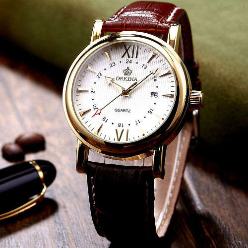 *ORKINA Luxury Gold Dial Brown Leather Date Men Quartz Dress Wrist Watch