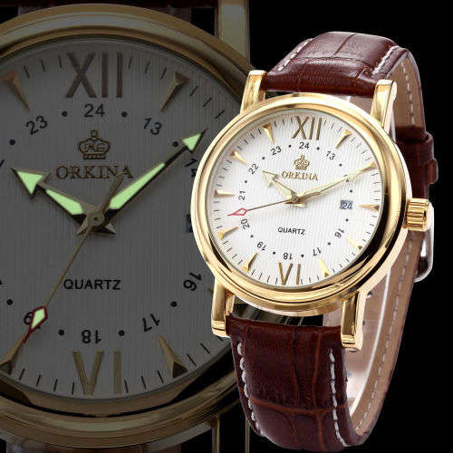 *ORKINA Luxury Gold Dial Brown Leather Date Men Quartz Dress Wrist Watch