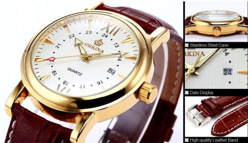 *ORKINA Luxury Gold Dial Brown Leather Date Men Quartz Dress Wrist Watch