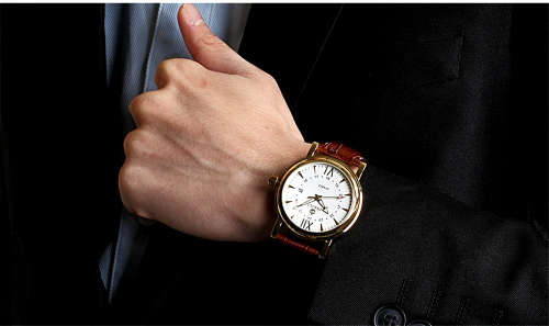 *ORKINA Luxury Gold Dial Brown Leather Date Men Quartz Dress Wrist Watch