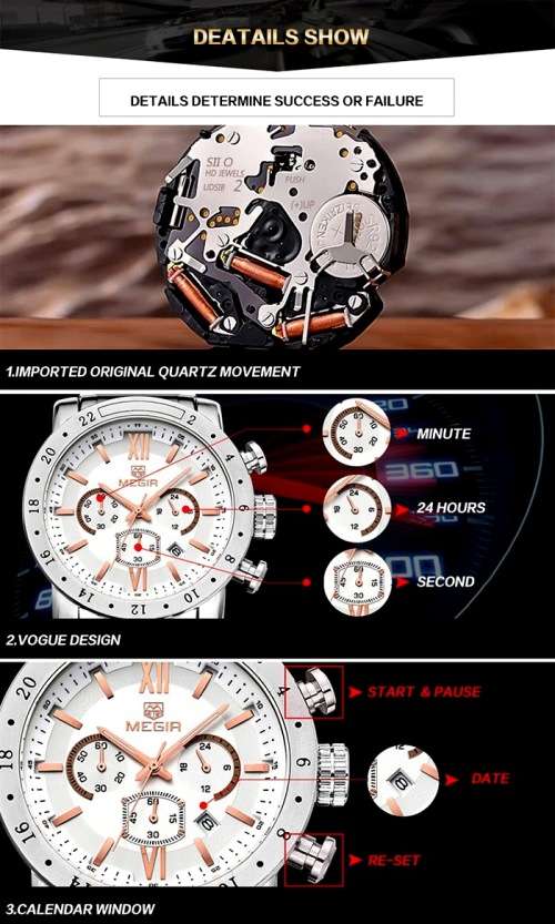 ***  Megir Brand ( 3008)* 6 Hands *All Black Chronograph Business Mens Watch ** ALL STEEL*