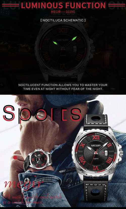 * Megir Brand~M1019~ NEW GENERATION~** Black *Analog* Dial Leather Strap Military Watches ~