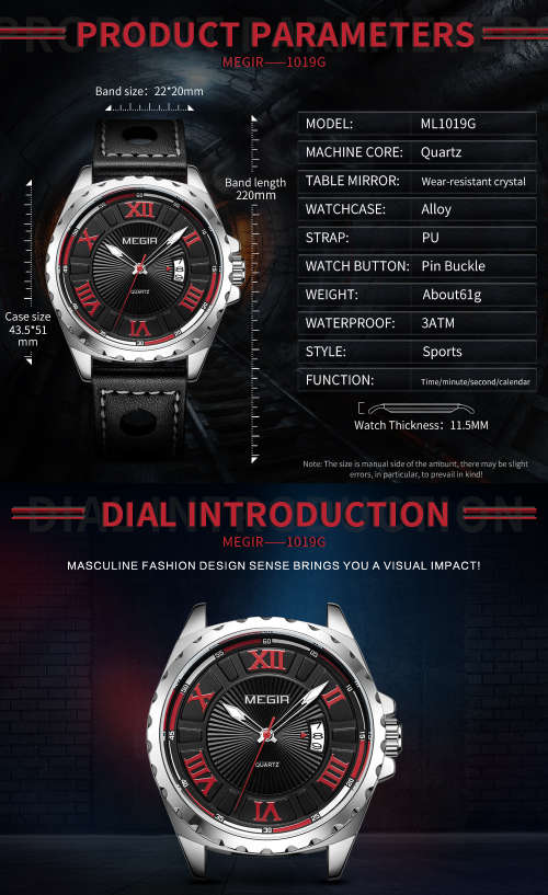 * Megir Brand~M1019~ NEW GENERATION~** Black *Analog* Dial Leather Strap Military Watches ~