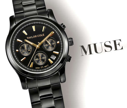 From UK*  Taylor Cole Lady *6 Hands Mulifunction* Black/Gold Steel Band Bracelet Luxury Watch*