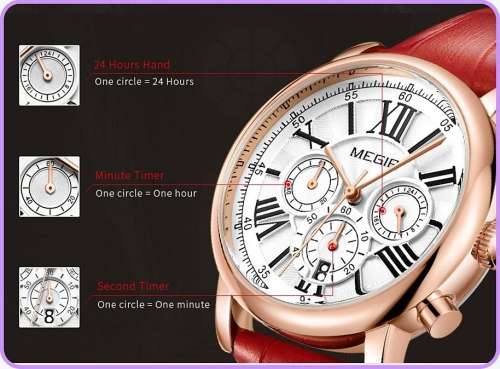 Megir 2058L  - Ladies Lovely Chronograph Watch * 6 HANDS* WHITE LEATHER STRAP*FULL HOUSE!