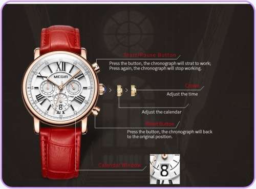 Megir 2058L  - Ladies Lovely Chronograph Watch * 6 HANDS* WHITE LEATHER STRAP*FULL HOUSE!