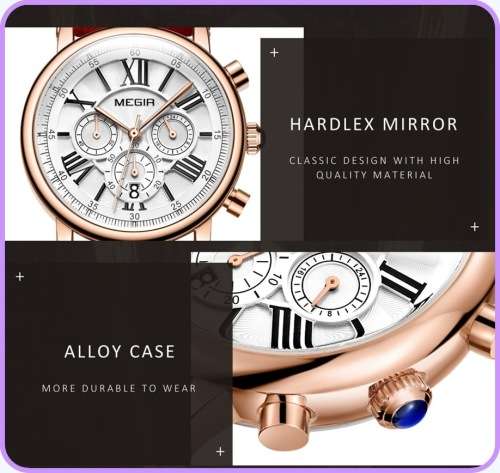 Megir 2058L  - Ladies Lovely Chronograph Watch * 6 HANDS* WHITE LEATHER STRAP*FULL HOUSE!