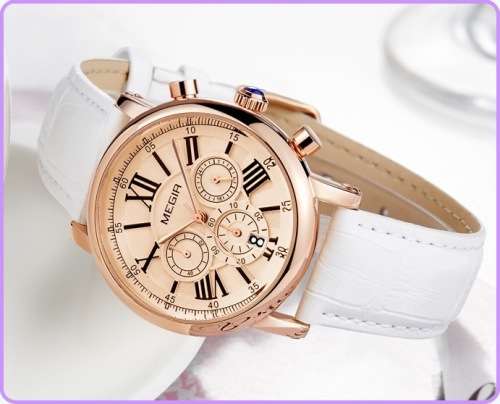 Megir 2058L  - Ladies Lovely Chronograph Watch * 6 HANDS* WHITE LEATHER STRAP*FULL HOUSE!