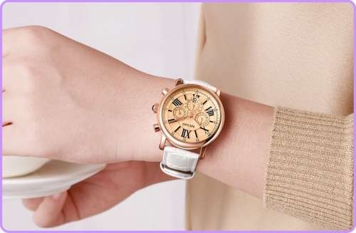 Megir 2058L  - Ladies Lovely Chronograph Watch * 6 HANDS* WHITE LEATHER STRAP*FULL HOUSE!