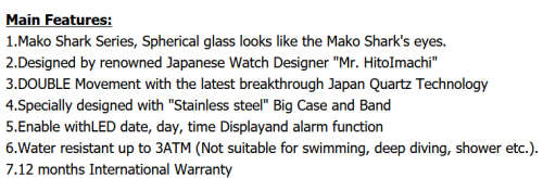 MAKO* SHARK Brand Top ALL STEEL Date Day Men Analog LED Wrist Sport Watch*