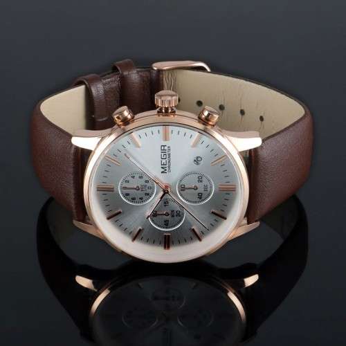 *  Megir 2011 - Chronograph Watch * 6 HANDS*Genuine Brown Leather Strap*