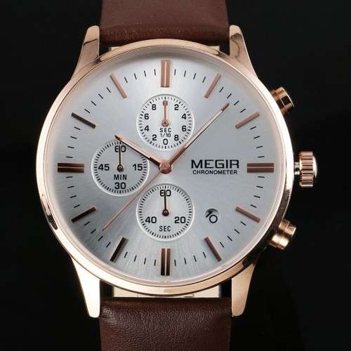 *  Megir 2011 - Chronograph Watch * 6 HANDS*Genuine Brown Leather Strap*