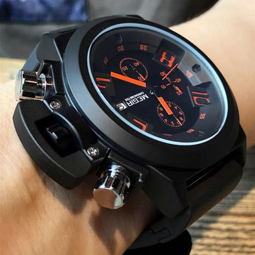 ***  Megir Brand Black Silicone Strap Military Watches ~6 Hands~ Date Chronograph
