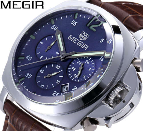 **FREE SHIPPING Megir Brand Top Watch** Silver Case  Luxury Men* 6 Hands * Quartz Wristwatch CHRONO*