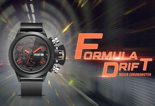 ***  Megir Brand Black Silicone Strap Military Watches ~6 Hands~ Date Chronograph