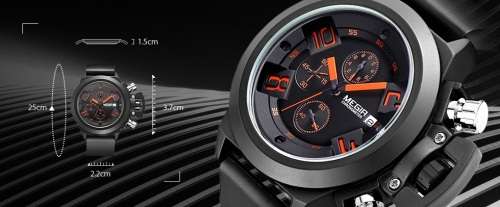 ***  Megir Brand Black Silicone Strap Military Watches ~6 Hands~ Date Chronograph