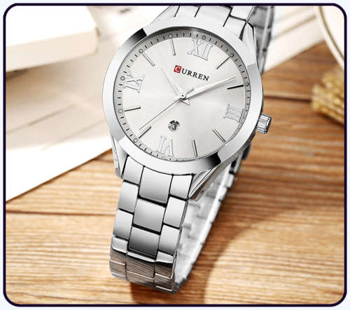 CURREN® 9007 LOVELY ALL STEEL LADIES AUTO DATE SILVER  QUALITY WATCH