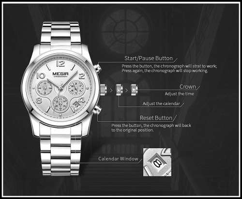 Megir 2057L SILVER -Quality Ladies Solid Built Sturdy Chronograph Watch *6 Hands *