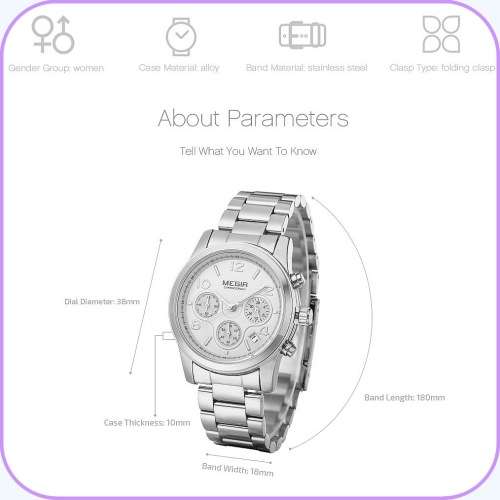 Megir 2057L SILVER -Quality Ladies Solid Built Sturdy Chronograph Watch *6 Hands *