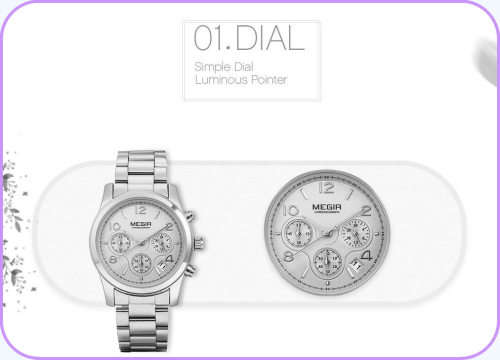 Megir 2057L SILVER -Quality Ladies Solid Built Sturdy Chronograph Watch *6 Hands *