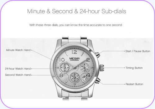 Megir 2057L SILVER -Quality Ladies Solid Built Sturdy Chronograph Watch *6 Hands *