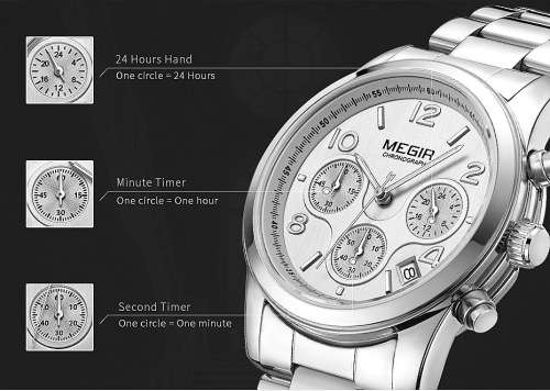 Megir 2057L SILVER -Quality Ladies Solid Built Sturdy Chronograph Watch *6 Hands *