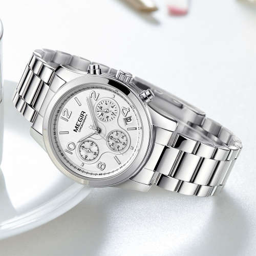 Megir 2057L SILVER -Quality Ladies Solid Built Sturdy Chronograph Watch *6 Hands *