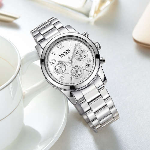Megir 2057L SILVER -Quality Ladies Solid Built Sturdy Chronograph Watch *6 Hands *