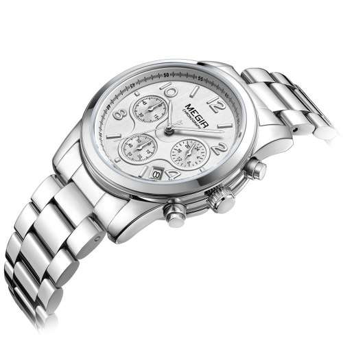 Megir 2057L SILVER -Quality Ladies Solid Built Sturdy Chronograph Watch *6 Hands *