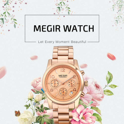 Megir 2057L  -Quality Ladies Solid Sturdy Chronograph Watch * Rose Gold~ 6 Hands