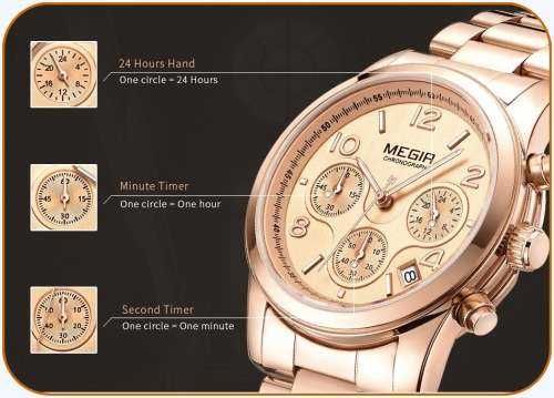 Megir 2057L  -Quality Ladies Solid Sturdy Chronograph Watch * Rose Gold~ 6 Hands