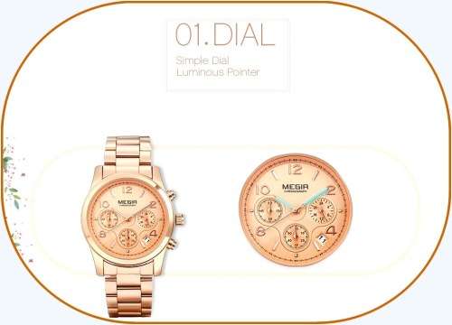 Megir 2057L  -Quality Ladies Solid Sturdy Chronograph Watch * Rose Gold~ 6 Hands