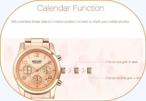 Megir 2057L  -Quality Ladies Solid Sturdy Chronograph Watch * Rose Gold~ 6 Hands