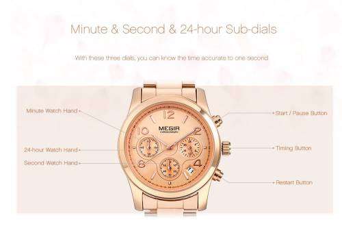 Megir 2057L  -Quality Ladies Solid Sturdy Chronograph Watch * Rose Gold~ 6 Hands