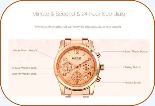 Megir 2057L  -Quality Ladies Solid Sturdy Chronograph Watch * Rose Gold~ 6 Hands