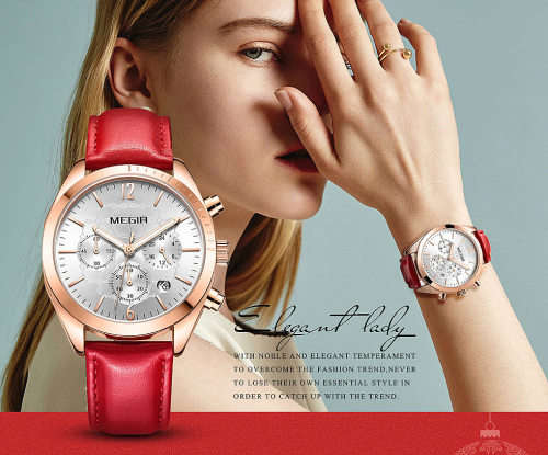 Megir 2115L  - Ladies Lovely Chronograph Watch * 6 HANDS*RED LEATHER STRAP*